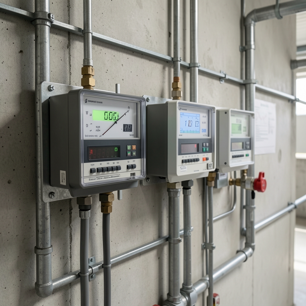 Sanayi tesisinde duvara monte edilmiş analog ve dijital enerji tüketim sayaçları, insansız teknik çekim