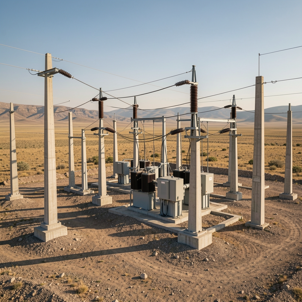 Anadolu bozkırında beton direkler ve trafo ekipmanlarından oluşan insansız bir elektrik dağıtım merkezi