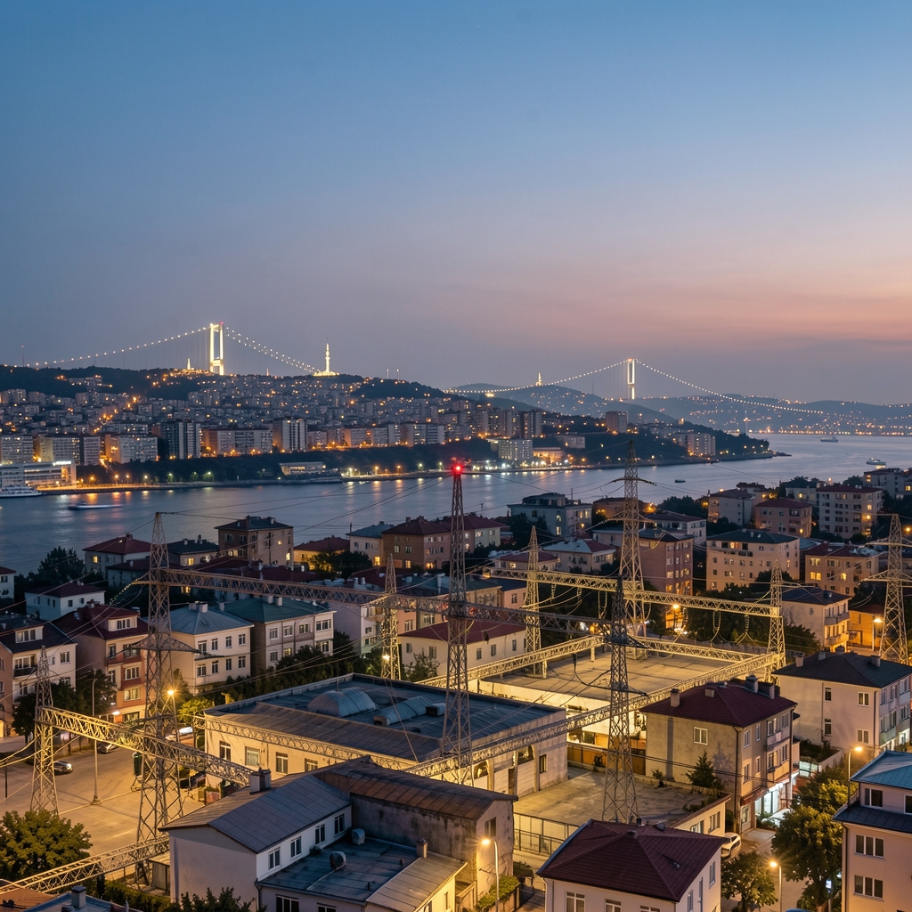 İstanbul siluetinde akşam ışıkları, elektrik dağıtım altyapısı ve yoğun olmayan şehir manzarası