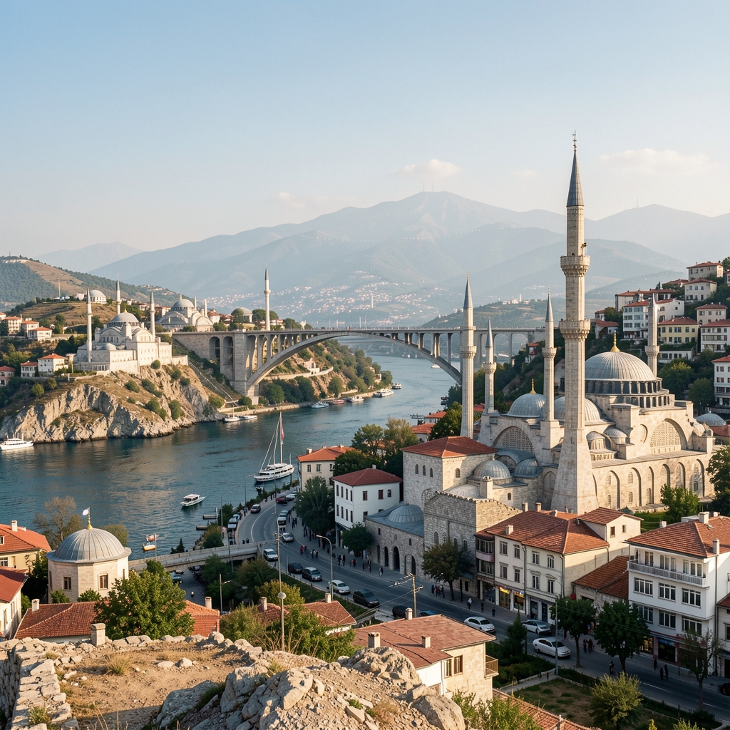 Türkiye'de modern trafo merkezi, güneş panelleri ve uzak tepeler, insan olmayan gelecek enerji altyapısı