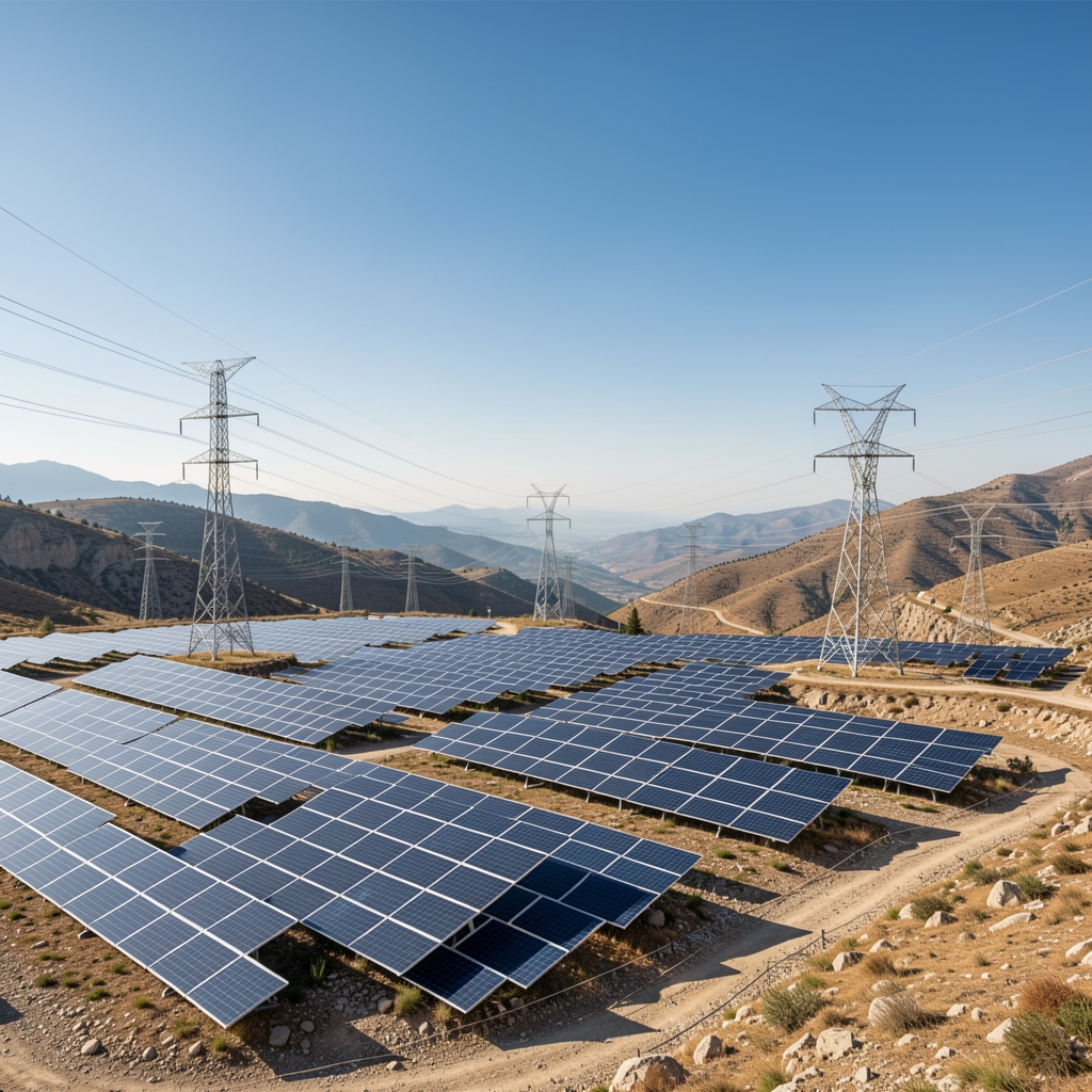 Türkiye dağlık arazisinde güneş panelleri, iletim direkleri ve geniş gökyüzünü gösteren insansız enerji altyapısı görünümü