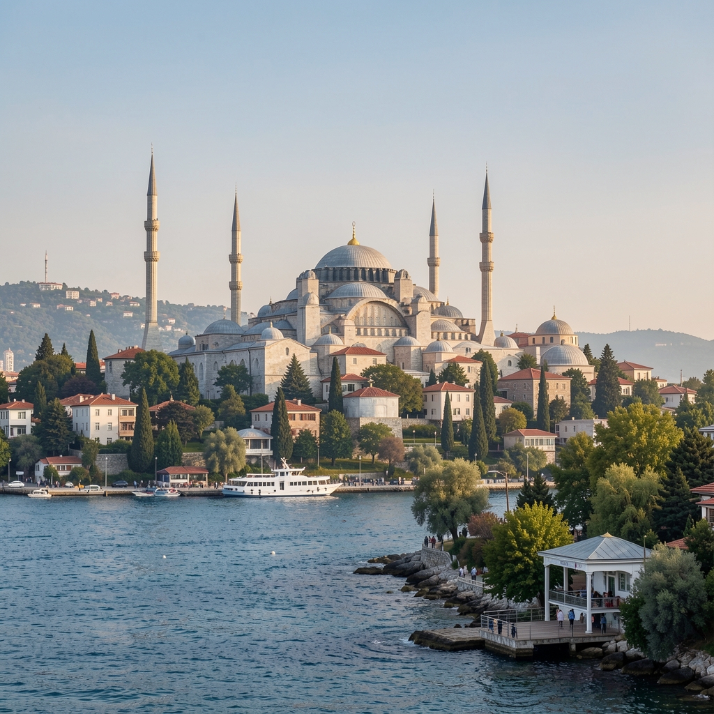 Türkiye'nin Ege kıyısında gün batımında uzanan rüzgar türbinleri ve dağ silueti, insan bulunmayan enerji altyapısı manzarası