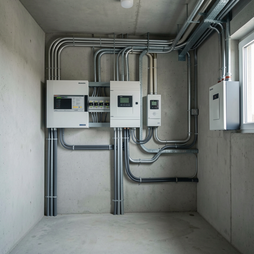 Modern elektrik sayaçları ve düzenli kablo kanalları bulunan boş teknik enerji odası