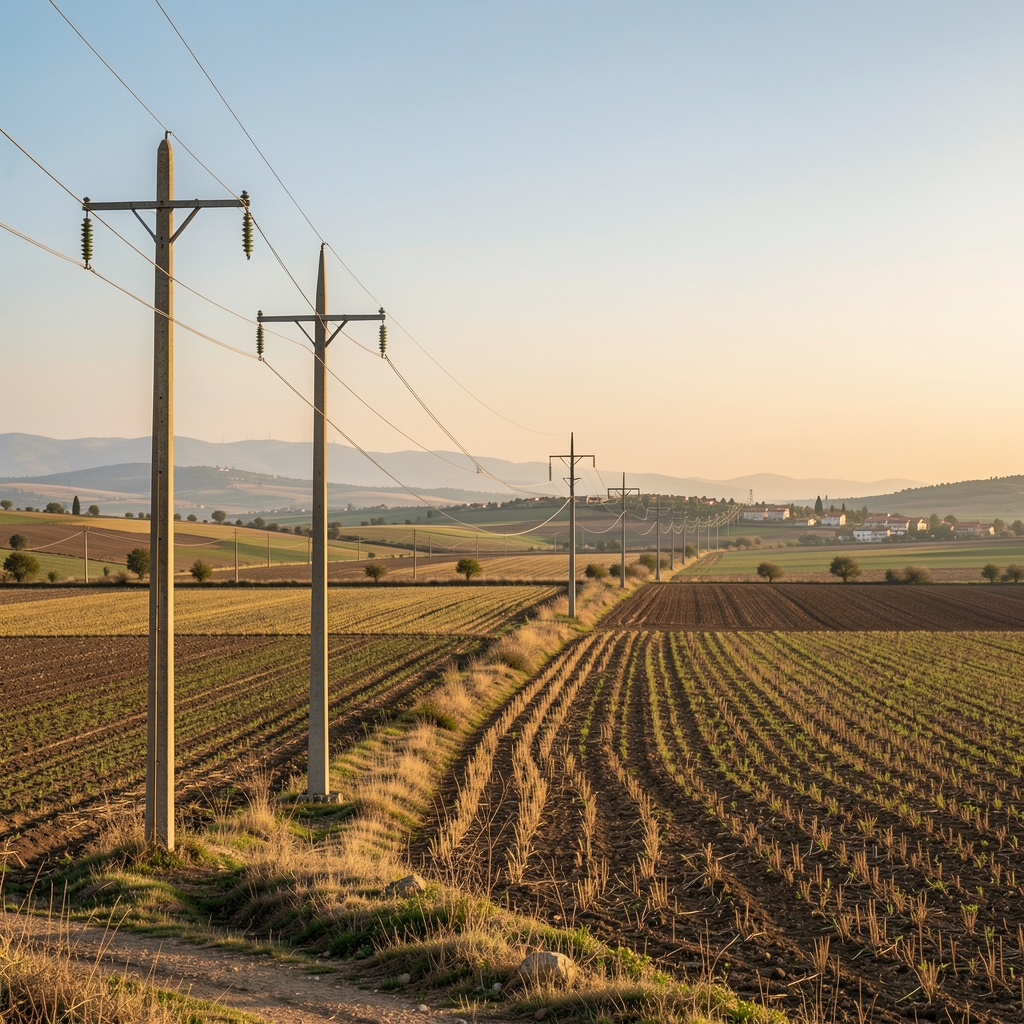 Türkiye kırsalında gün ışığı altında uzanan elektrik direkleri ve boş tarım arazisi