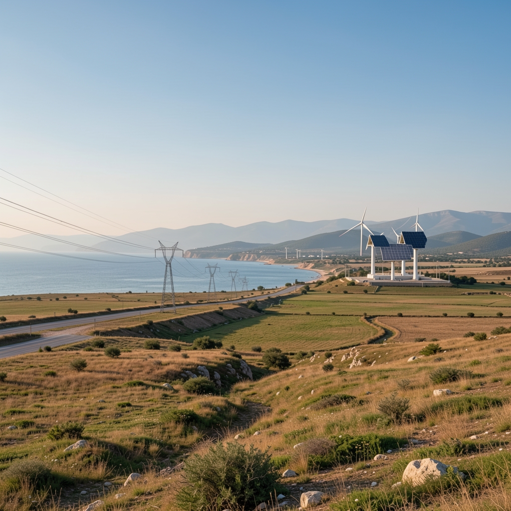 Türkiye kıyı ovasında iletim hattı ve uzak güneş enerjisi tesisi, boş peyzaj