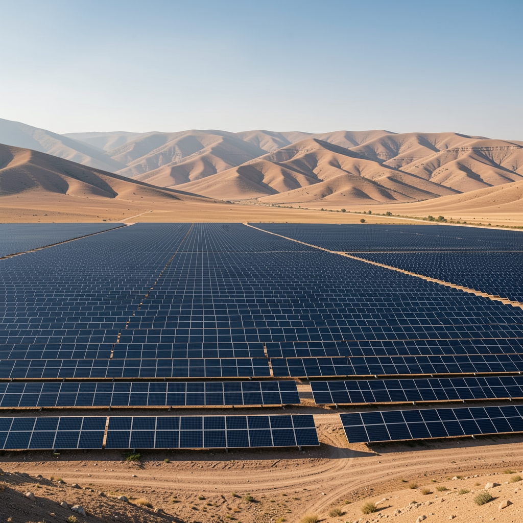 Türkiye İç Anadolu ovasında geniş güneş enerjisi tarlası ve arka planda çıplak tepeler, insansız görünüm