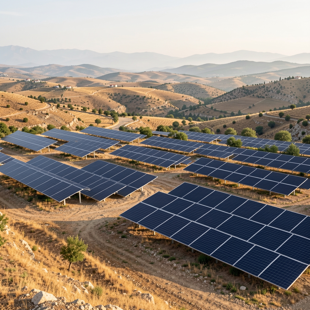 Ufukta sıralanmış güneş panelleri ve Türkiye kırsalında alçak tepeler, insansız sürdürülebilir enerji peyzajı