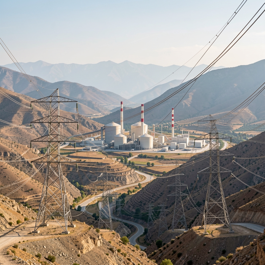 Türkiye vadisinde yüksek gerilim iletim hatları ve uzak enerji santrali, insan olmayan manzara