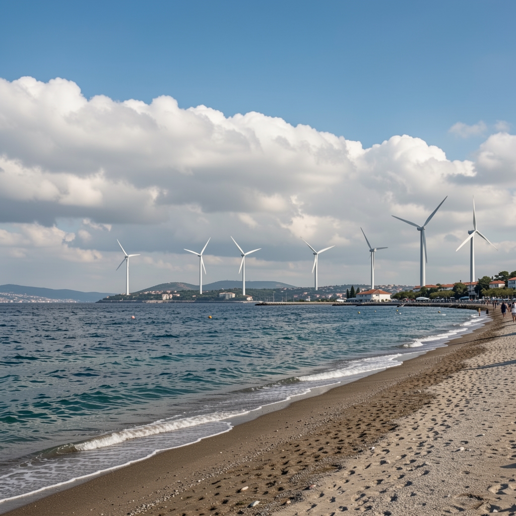 Çanakkale kıyısında deniz üstü bulutlar önünde rüzgar türbinleri ve boş kıyı şeridi