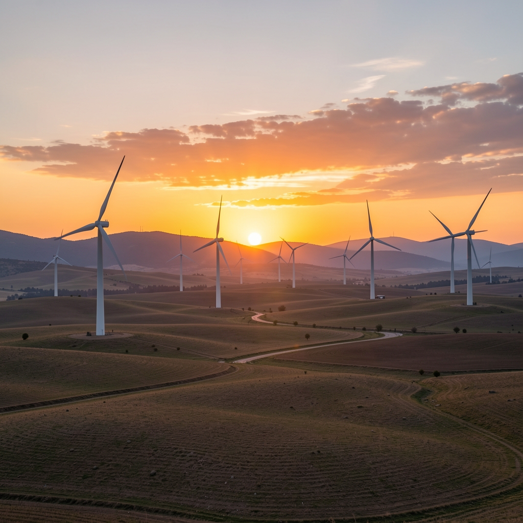Türkiye tepelerinde akşam güneşi altında rüzgar türbinleri ve boş arazi, sakin enerji manzarası